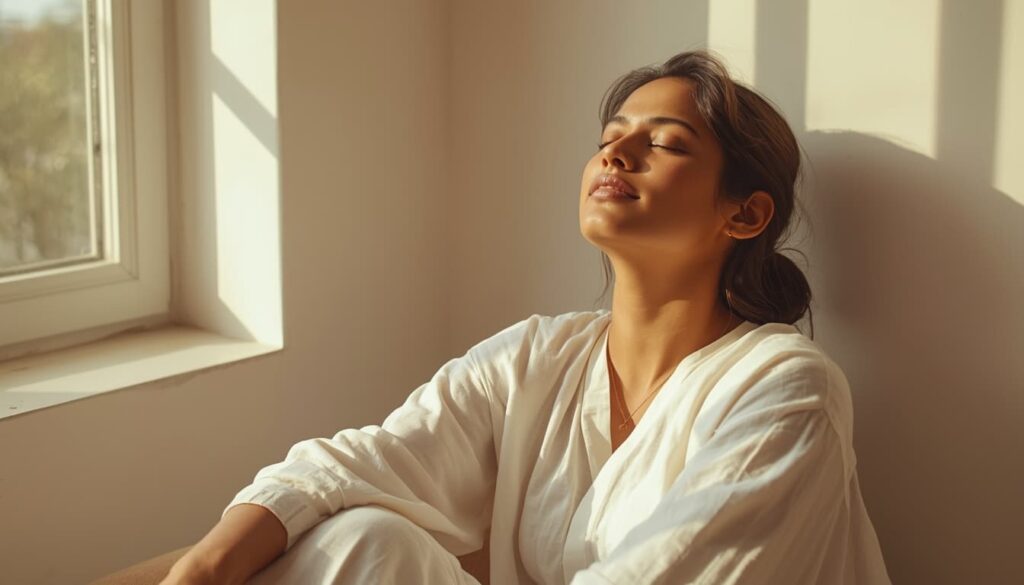 Woman experiencing peaceful morning wellness after regular Abhyanga practice — Swaanubhutii