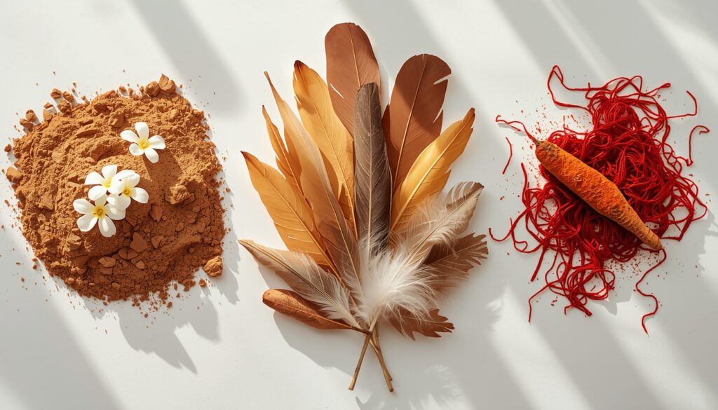 Flat-lay of Ayurvedic elements representing Vata, Pitta and Kapha doshas for PCOS root cause