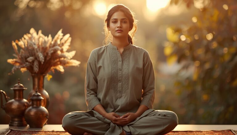 Indian woman sitting peacefully in morning light representing Ayurvedic healing for PCOS