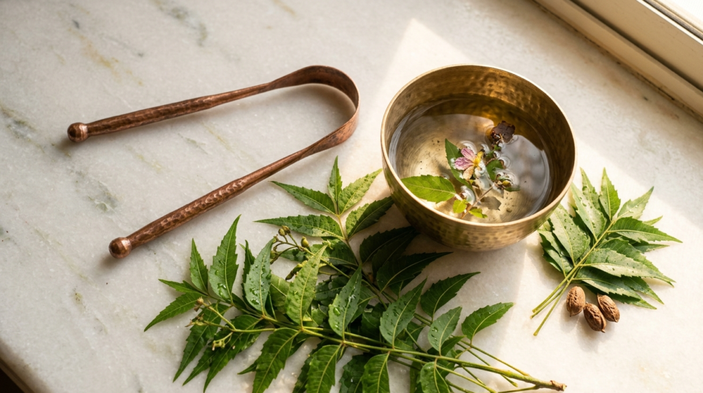 Ayurvedic morning routine with copper tongue scraper to detect Ama toxins — Swaanubhutii Pune