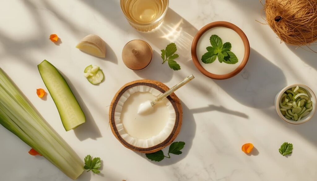 Cooling Ayurvedic foods for summer season including cucumber, coconut water and buttermilk
