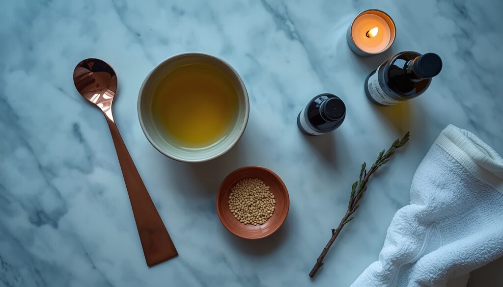 Ayurvedic Dinacharya morning ritual — copper tongue scraper, sesame oil and neem twig for daily detox routine as recommended at Swaanubhutii Ayurvedic clinic, Pune