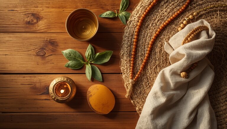 Ayurvedic wellness setup with brass diya, copper tumbler and tulsi leaves at Swaanubhutii Panchakarma center, Warje Pune