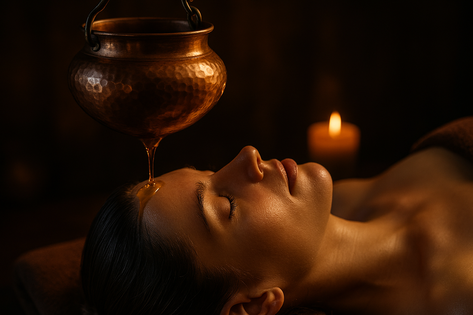 Shirodhara Ayurvedic therapy warm herbal oil poured on forehead for stress relief at Swaanubhutii Pune