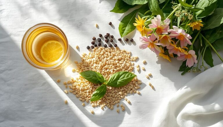 Light Ayurvedic spring detox foods including barley honey and green vegetables for Vasanta Ritu