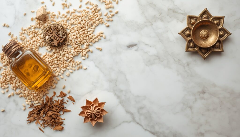Ayurvedic Abhyanga oil ingredients flat lay with sesame oil and herbs — Swaanubhutii Pune