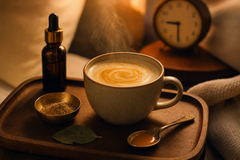 Ashwagandha churna stirred into warm milk with honey — the classical evening preparation for stress and sleep support