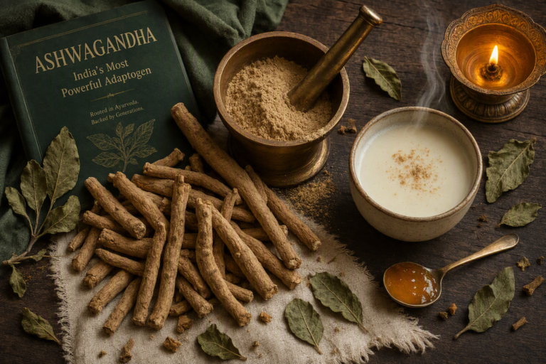 Raw Ashwagandha root, churna powder and warm milk — traditional Ayurvedic preparation at Swaanubhutii, Pune