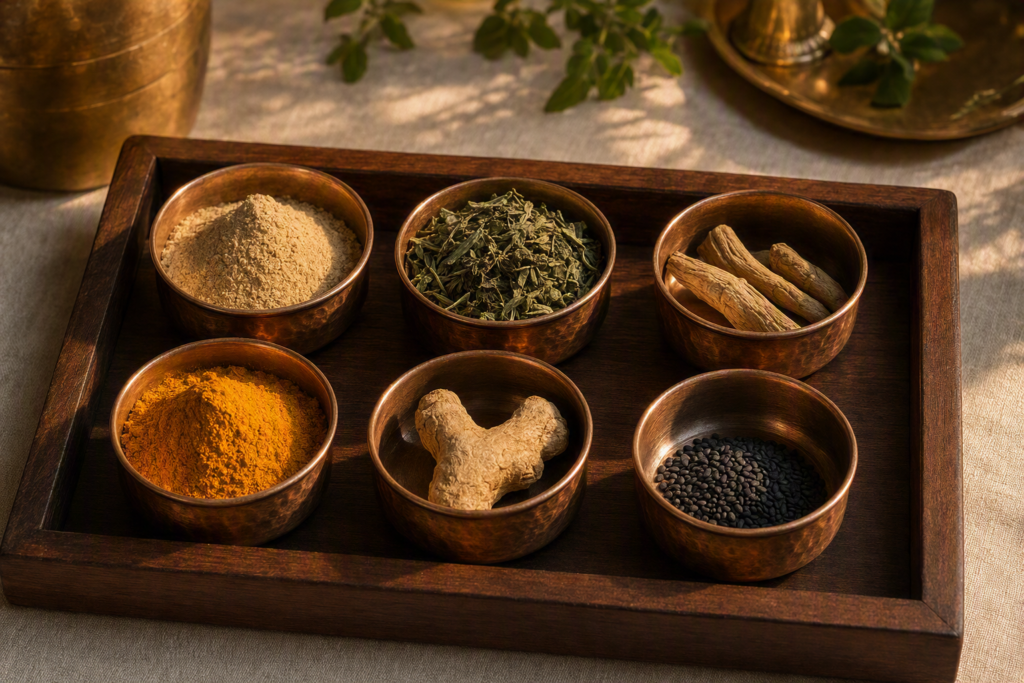 Six Ayurvedic herbs representing Ashwagandha's main clinical benefits — stress, sleep, Ojas, joints, thyroid, strength
