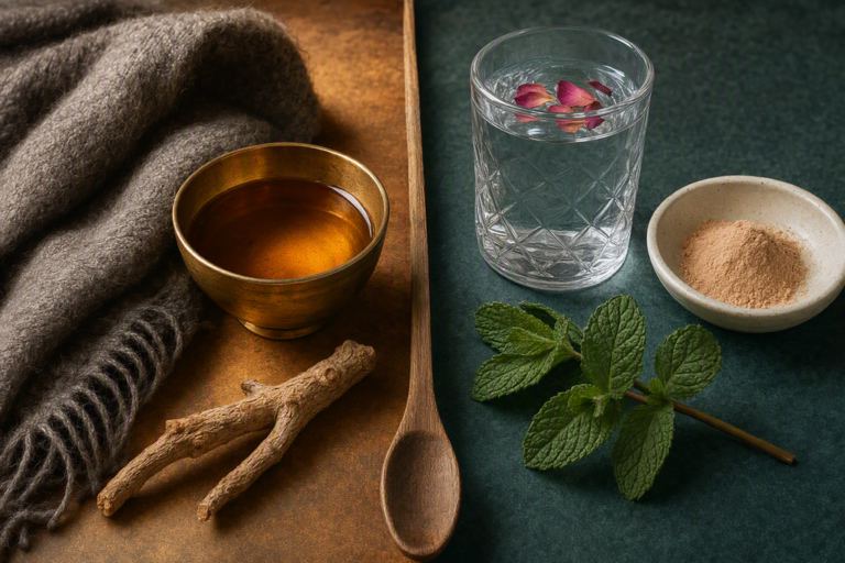 Ashwagandha suits Vata types — warm grounding herbs on the left; Pitta types need caution — cooling herbs on the right
