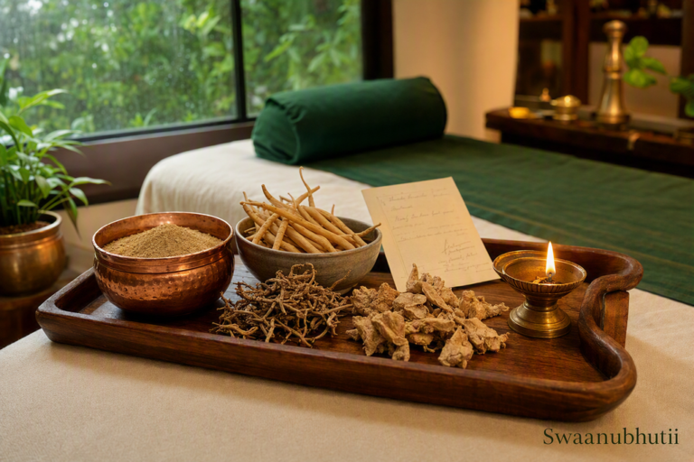 Swaanubhutii clinic's Ashwagandha Rasayana formulation — Ashwagandha, Shatavari, Bala and Vidarikanda prepared fresh at Warje, Pune